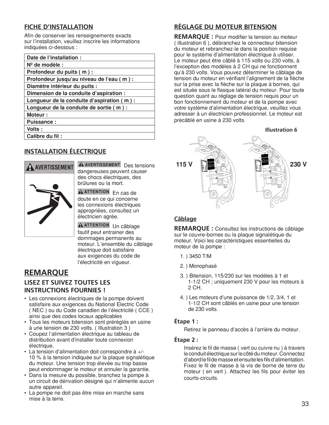 Franklin TB2CI Remarque, Fiche D’INSTALLATION, Installation Électrique, Lisez ET Suivez Toutes LES Instructions Fournies 