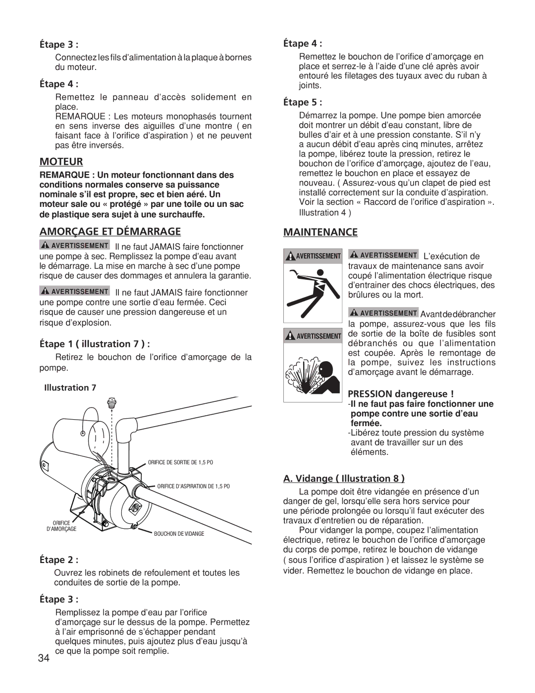 Franklin TB1CI, TB15CI Moteur, Amorçage ET Démarrage, Étape 1 illustration, Pression dangereuse, Vidange Illustration 