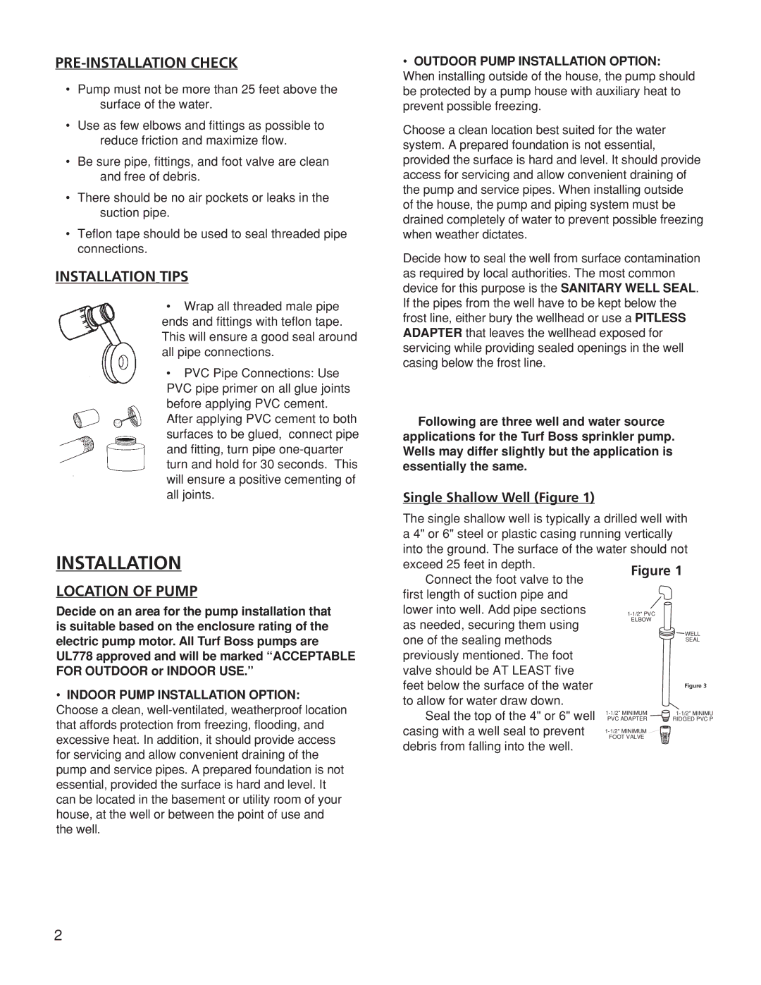 Franklin TB15CI, TB1CI, TB2CI PRE-INSTALLATION Check, Installation Tips, Location of Pump, Single Shallow Well Figure 