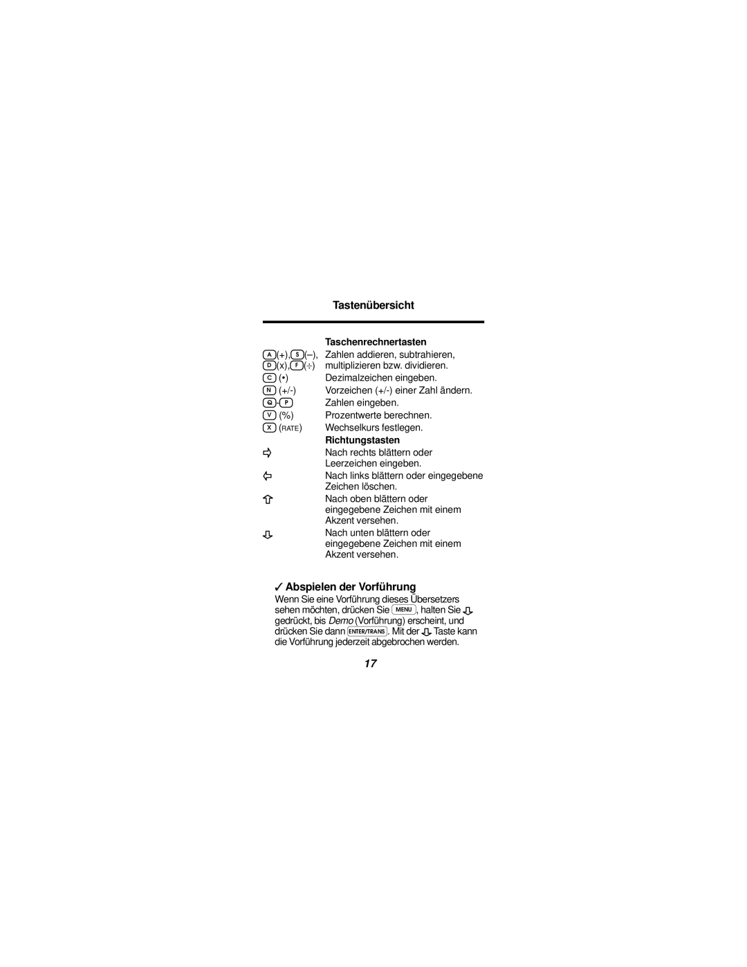 Franklin TCE-100 manual Tastenü bersicht, Abspielen der Vorfü hrung, Taschenrechnertasten, Richtungstasten 