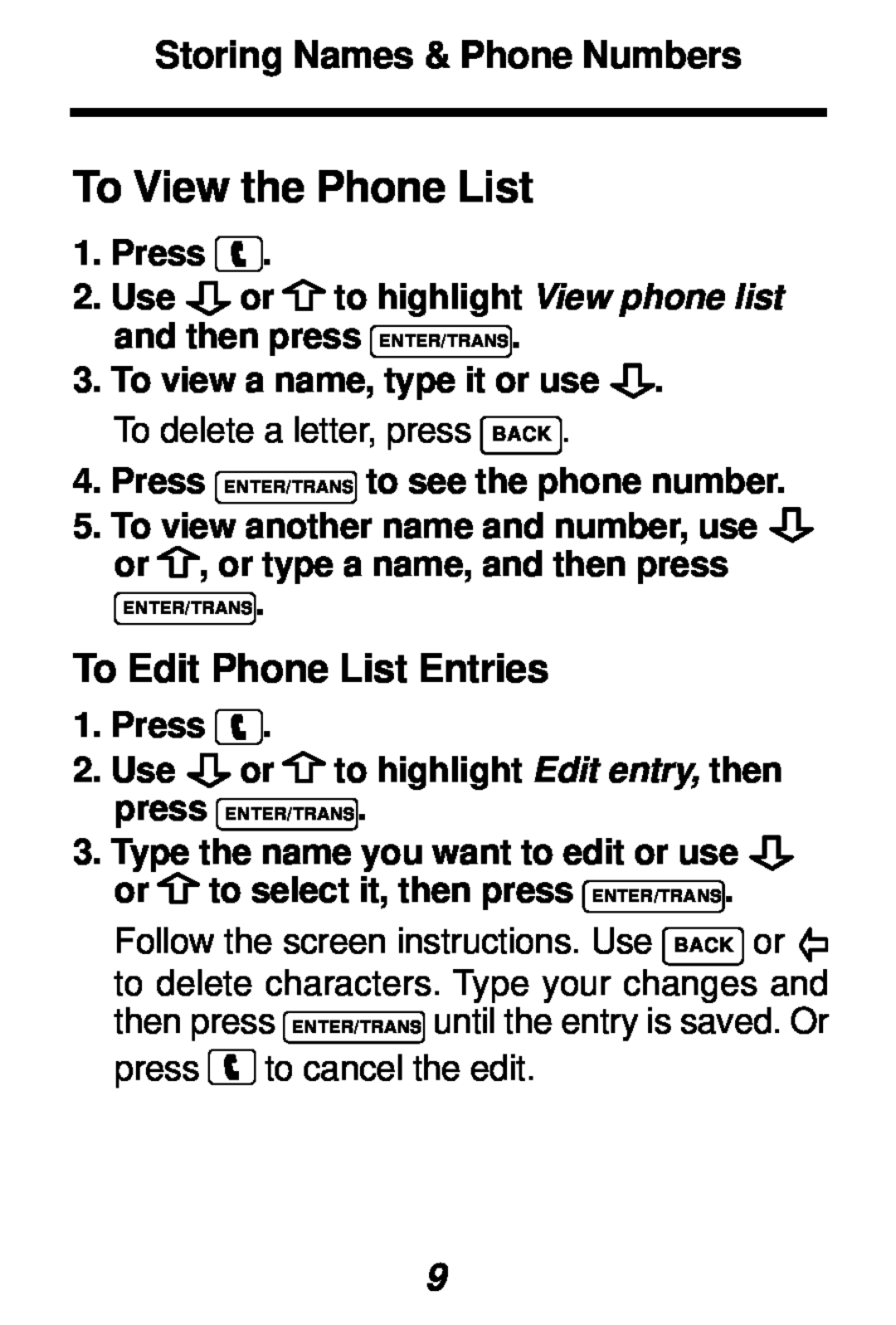 Franklin TES-106 manual To View the Phone List, To Edit Phone List Entries, Storing Names & Phone Numbers 
