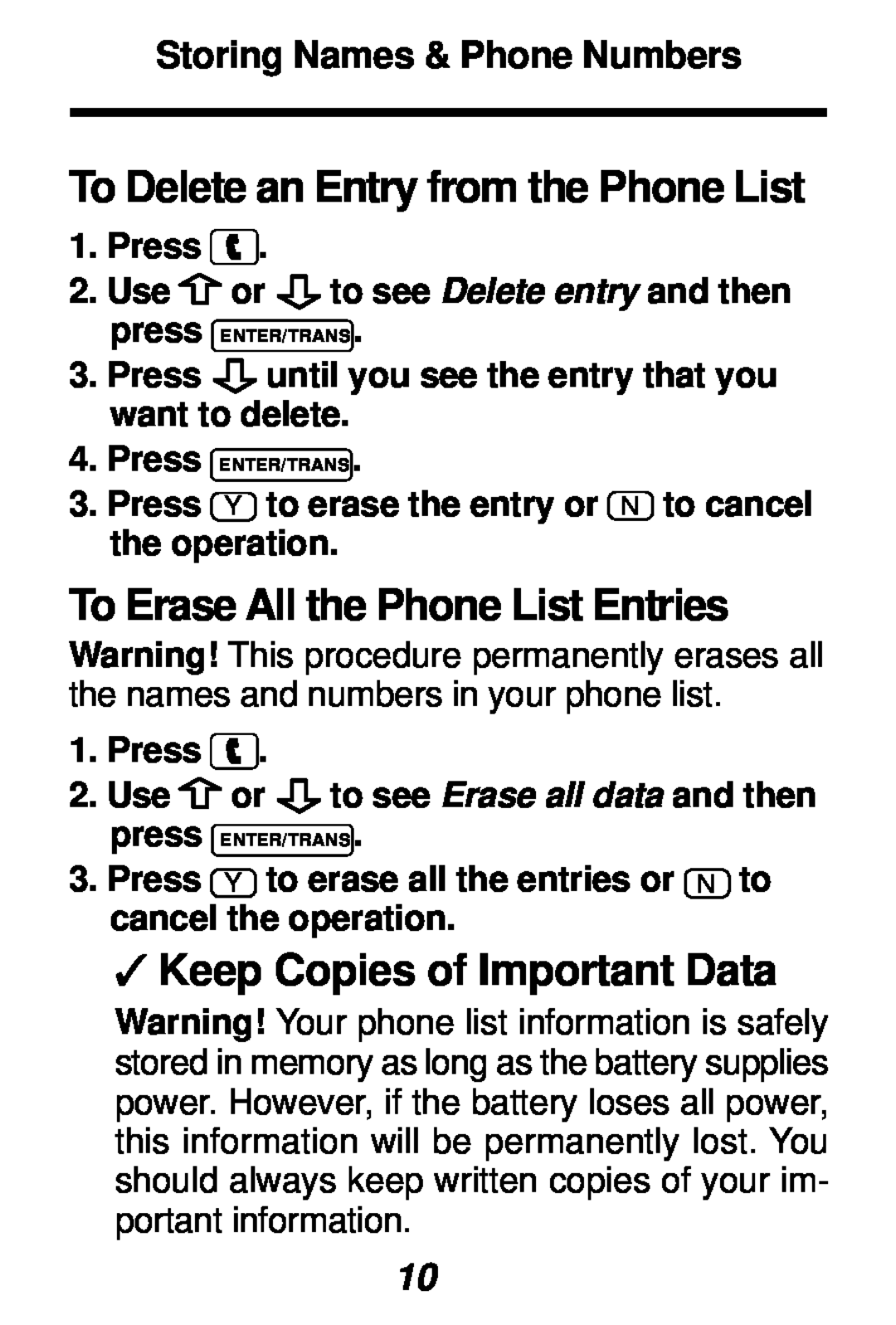 Franklin TES-106 manual To Erase All the Phone List Entries, Keep Copies of Important Data, Storing Names & Phone Numbers 