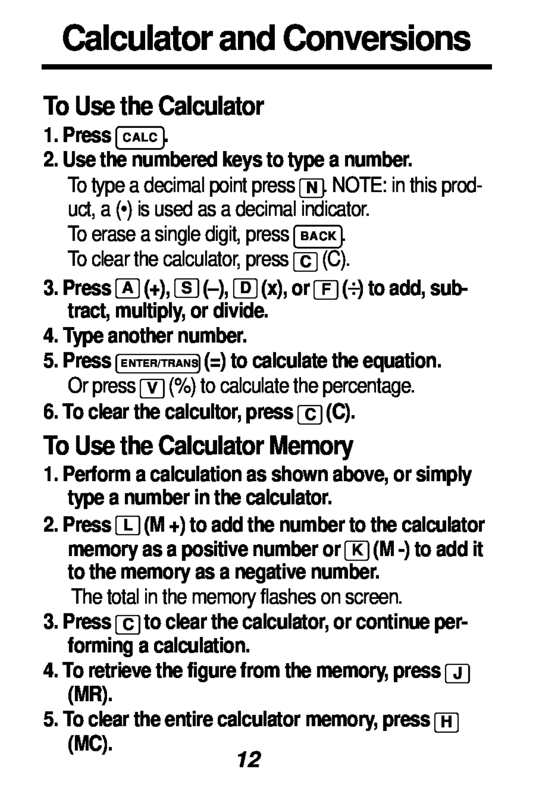 Franklin TES-106 manual To Use the Calculator Memory, Calculator and Conversions 
