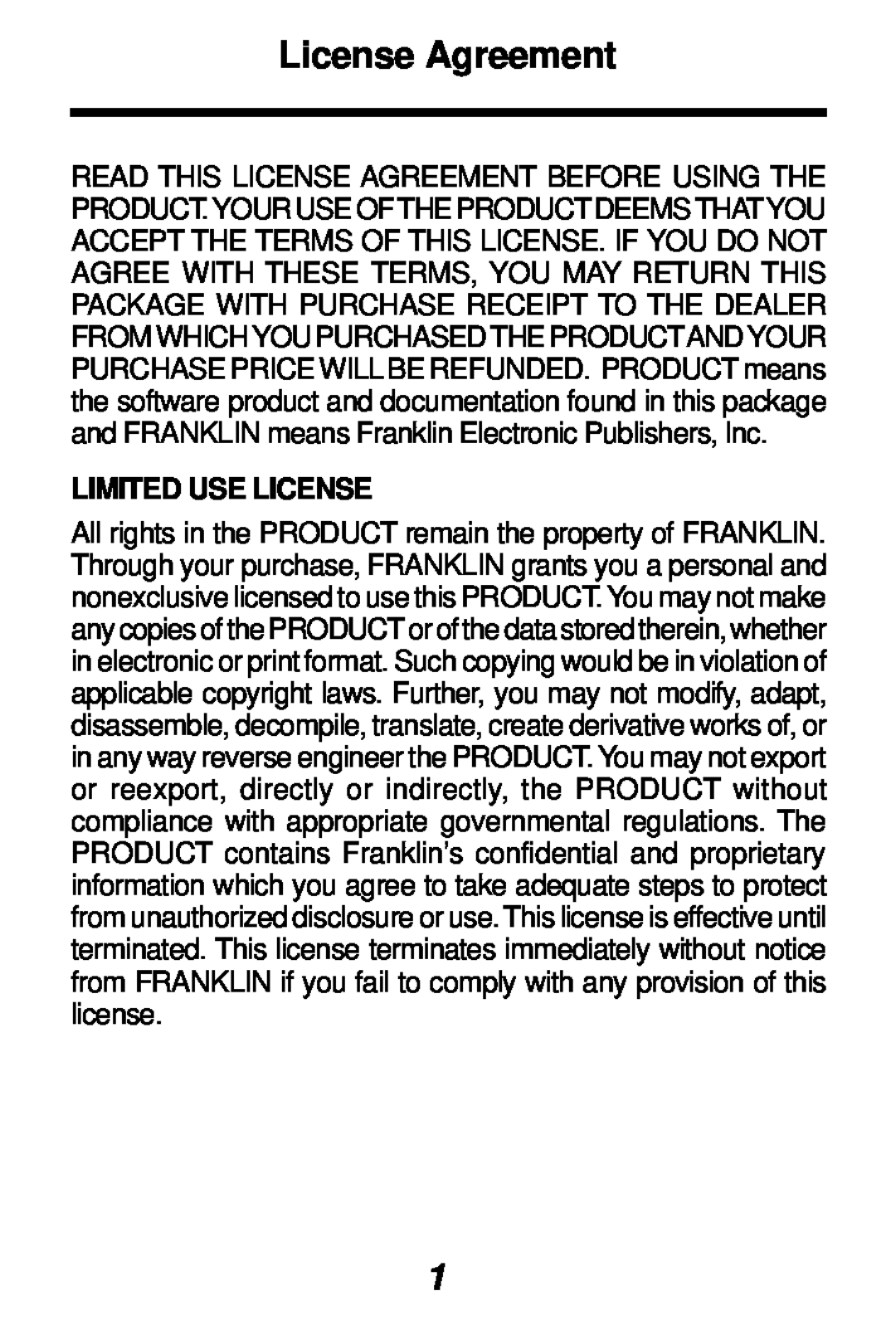 Franklin TES-106 manual License Agreement, Limited Use License 