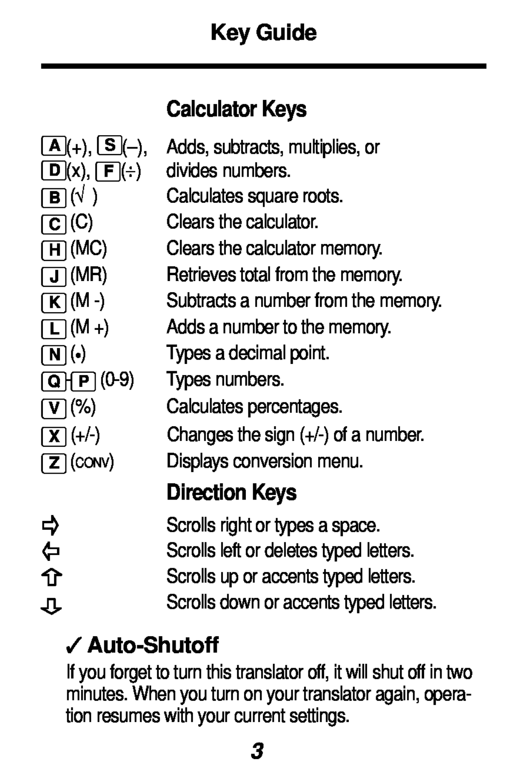 Franklin TES-106 manual Key Guide, Calculator Keys, Direction Keys, Auto-Shutoff 