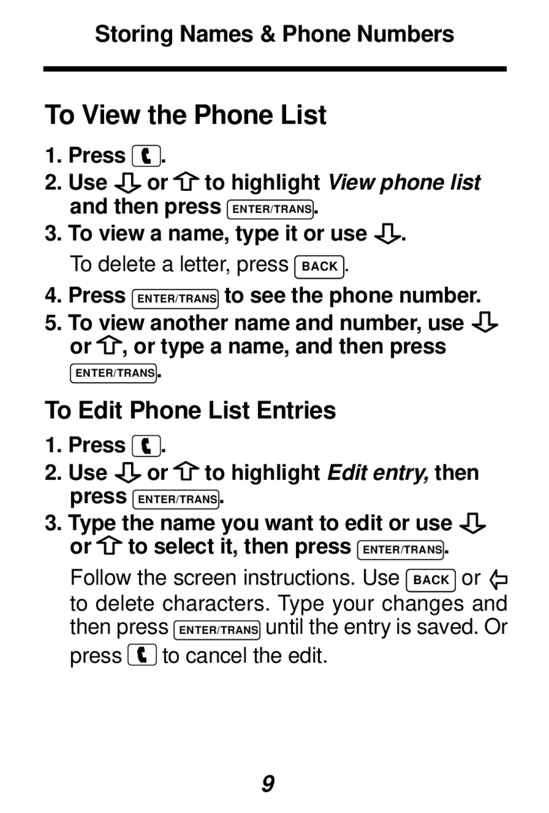 Franklin TES-106 manual To View the Phone List, To Edit Phone List Entries, Storing Names & Phone Numbers 