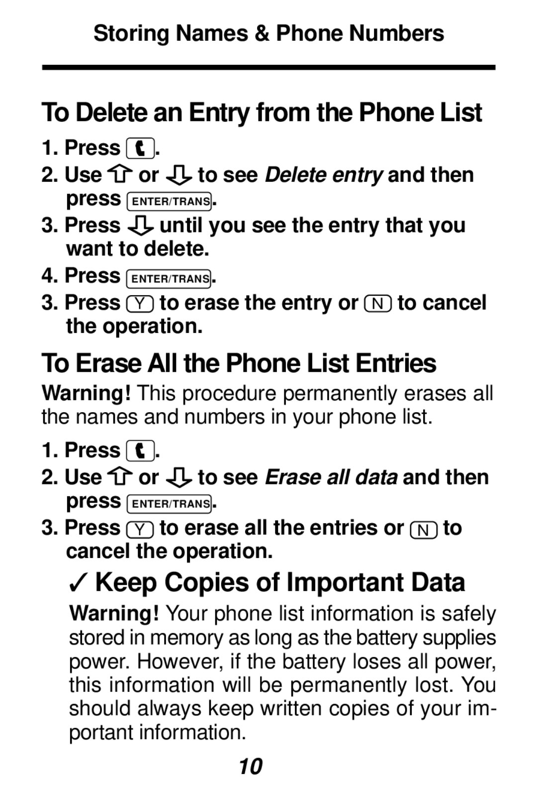 Franklin TES-106 manual To Erase All the Phone List Entries, Keep Copies of Important Data 