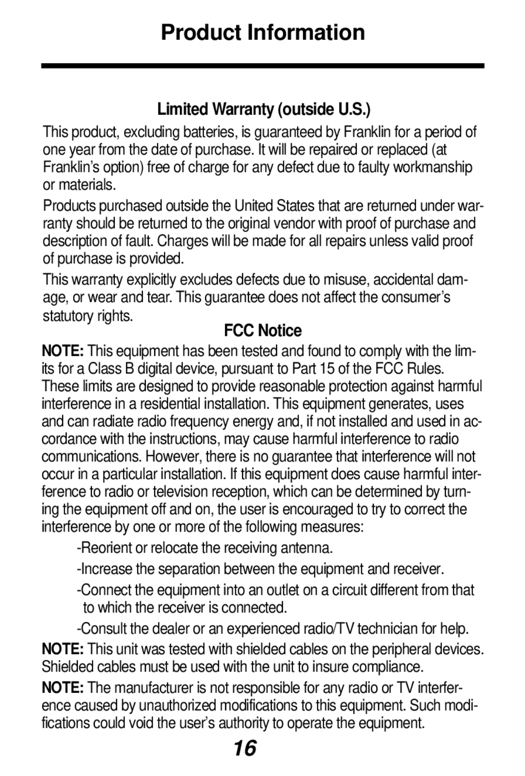 Franklin TES-106 manual Product Information, Limited Warranty outside U.S 