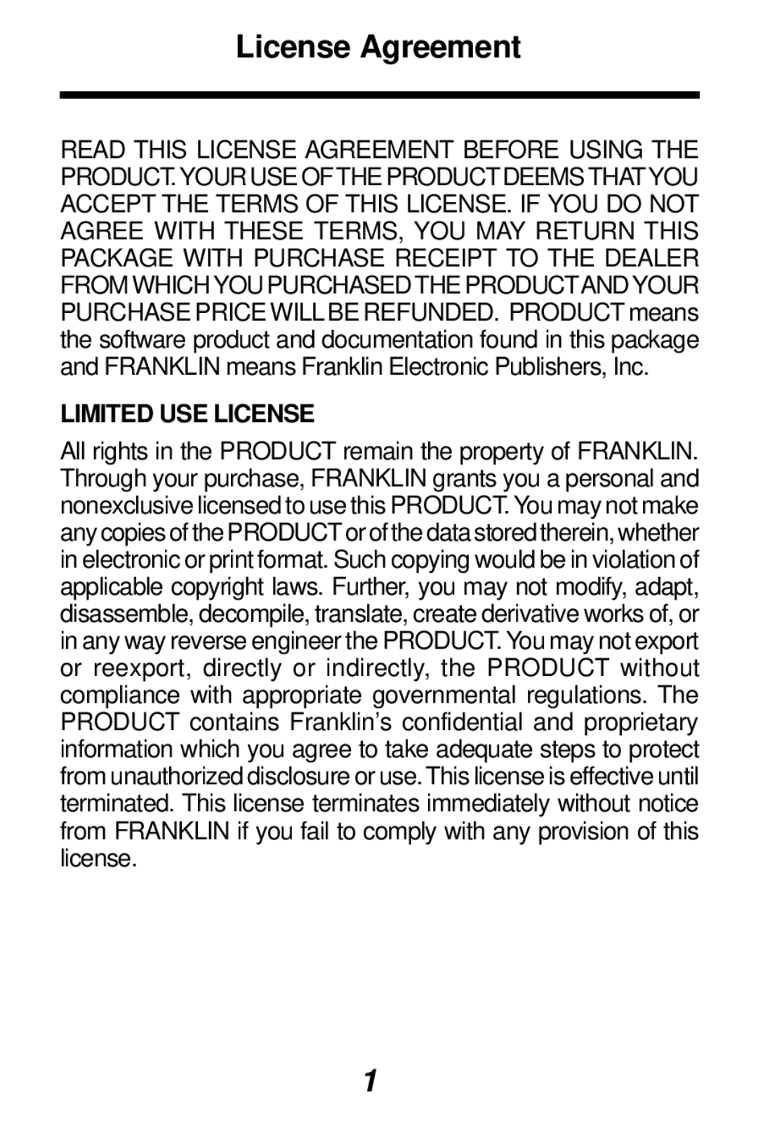 Franklin TES-106 manual License Agreement, Limited USE License 