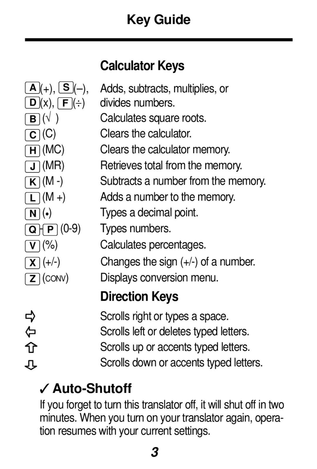 Franklin TES-106 manual Key Guide, Calculator Keys, Direction Keys, Auto-Shutoff 