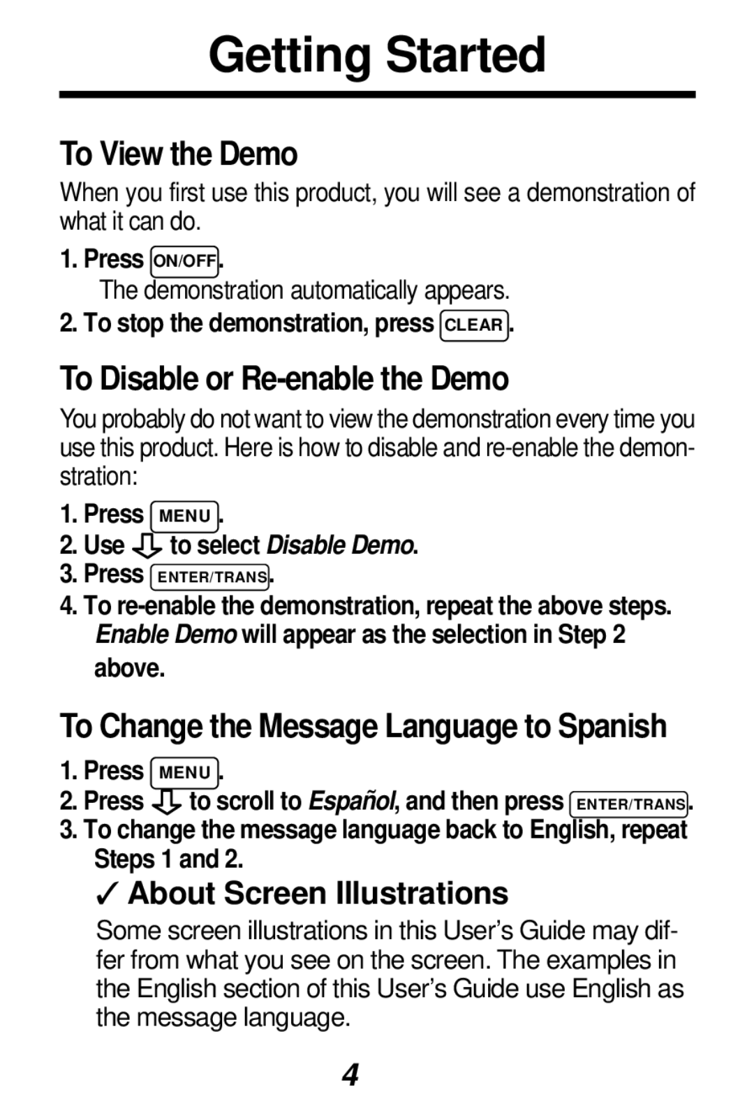 Franklin TES-106 manual Getting Started, To View the Demo, To Disable or Re-enable the Demo, About Screen Illustrations 