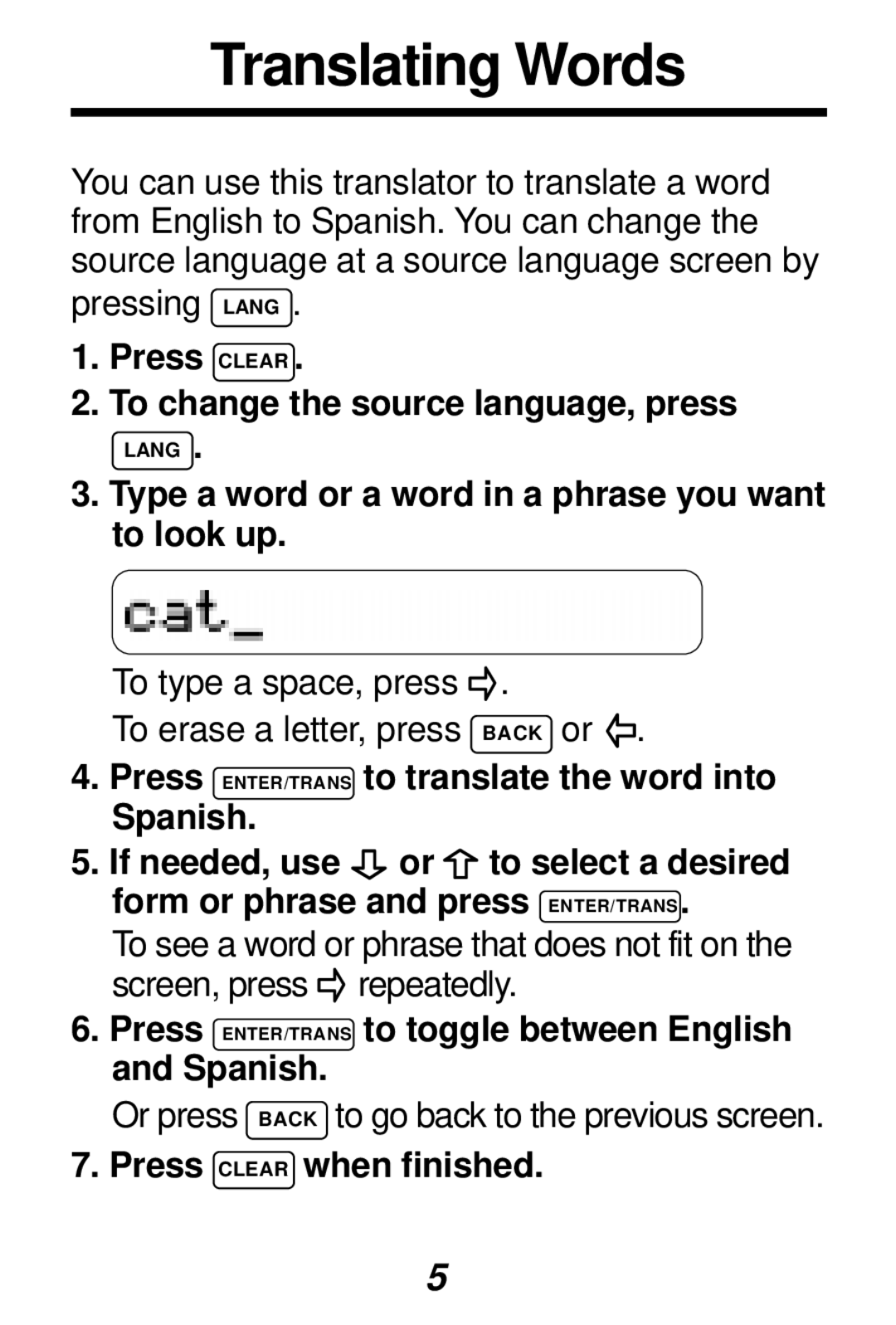 Franklin TES-106 manual Translating Words, Press ENTER/TRANS to translate the word into Spanish 