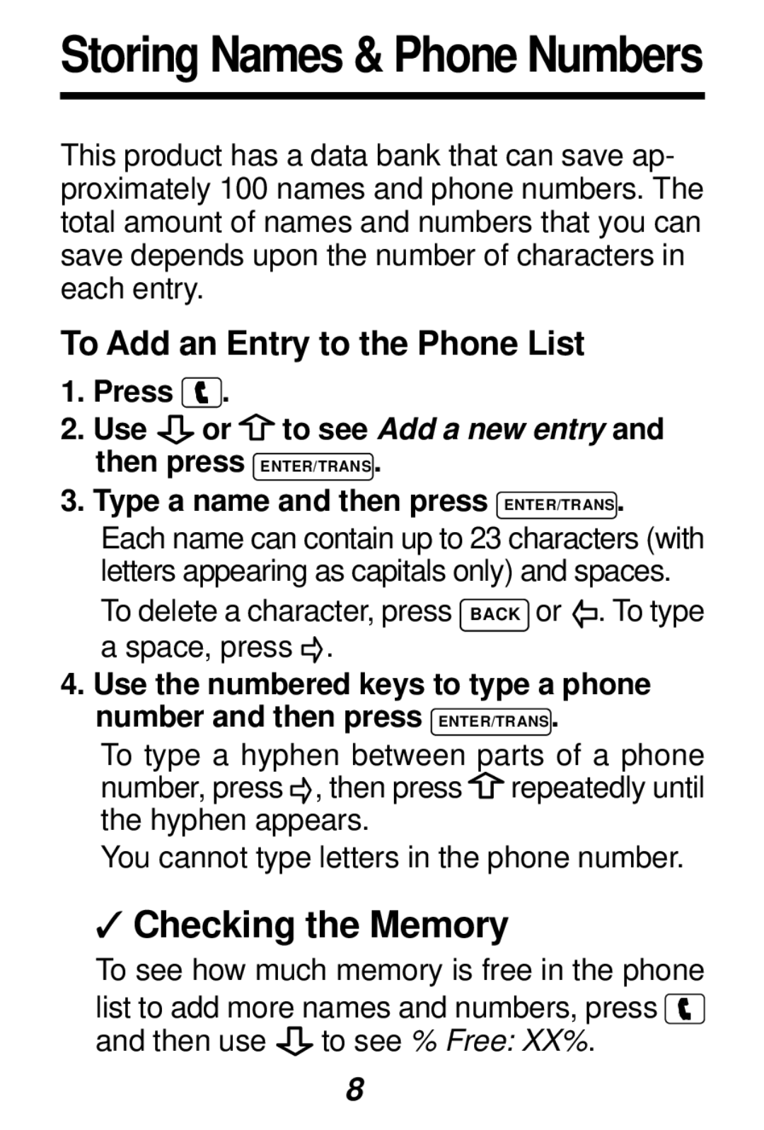 Franklin TES-106 manual Checking the Memory, To Add an Entry to the Phone List 