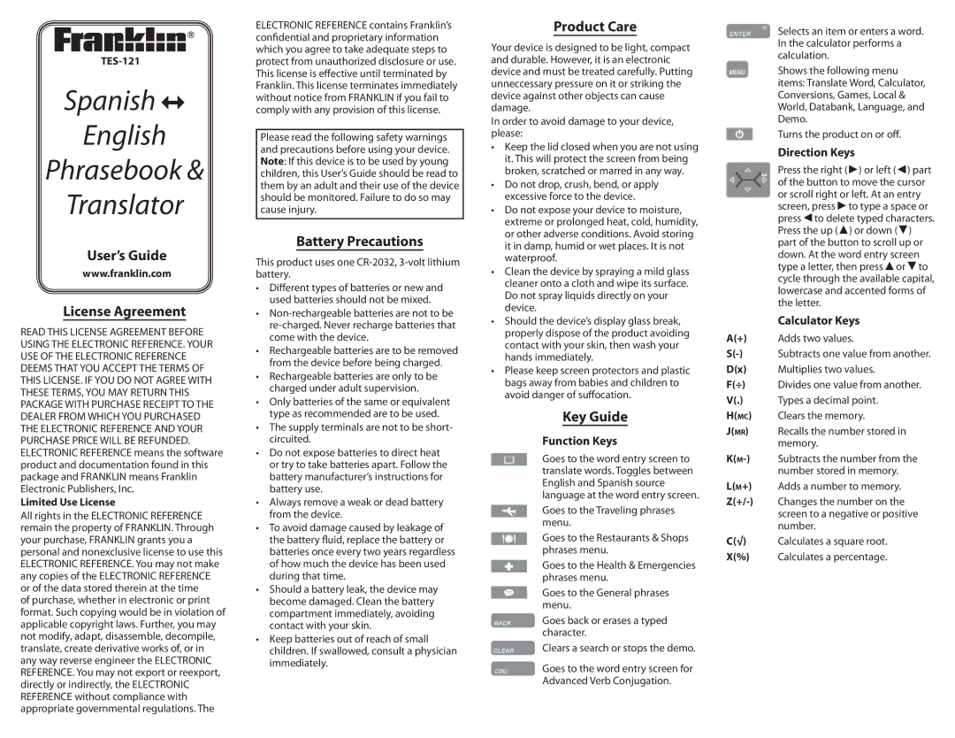 Franklin TES-121 manual User’s Guide License Agreement, Battery Precautions, Product Care, Key Guide 