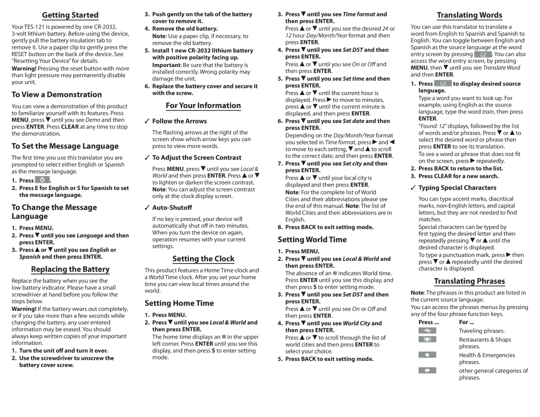 Franklin TES-121 Getting Started, To View a Demonstration, To Set the Message Language, To Change the Message Language 