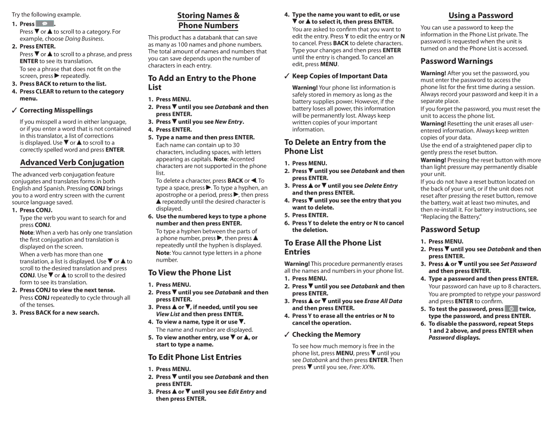 Franklin TES-121 Advanced Verb Conjugation, Storing Names Phone Numbers, To Add an Entry to the Phone List, Password Setup 