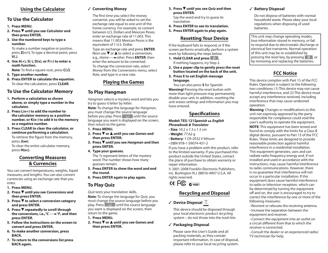 Franklin TES-121 Using the Calculator, To Use the Calculator Memory, Converting Measures Currencies, To Play Quiz 