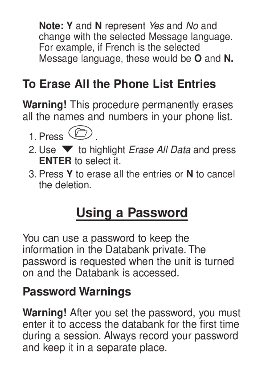 Franklin TG-450 manual Using a Password, To Erase All the Phone List Entries, Password Warnings 