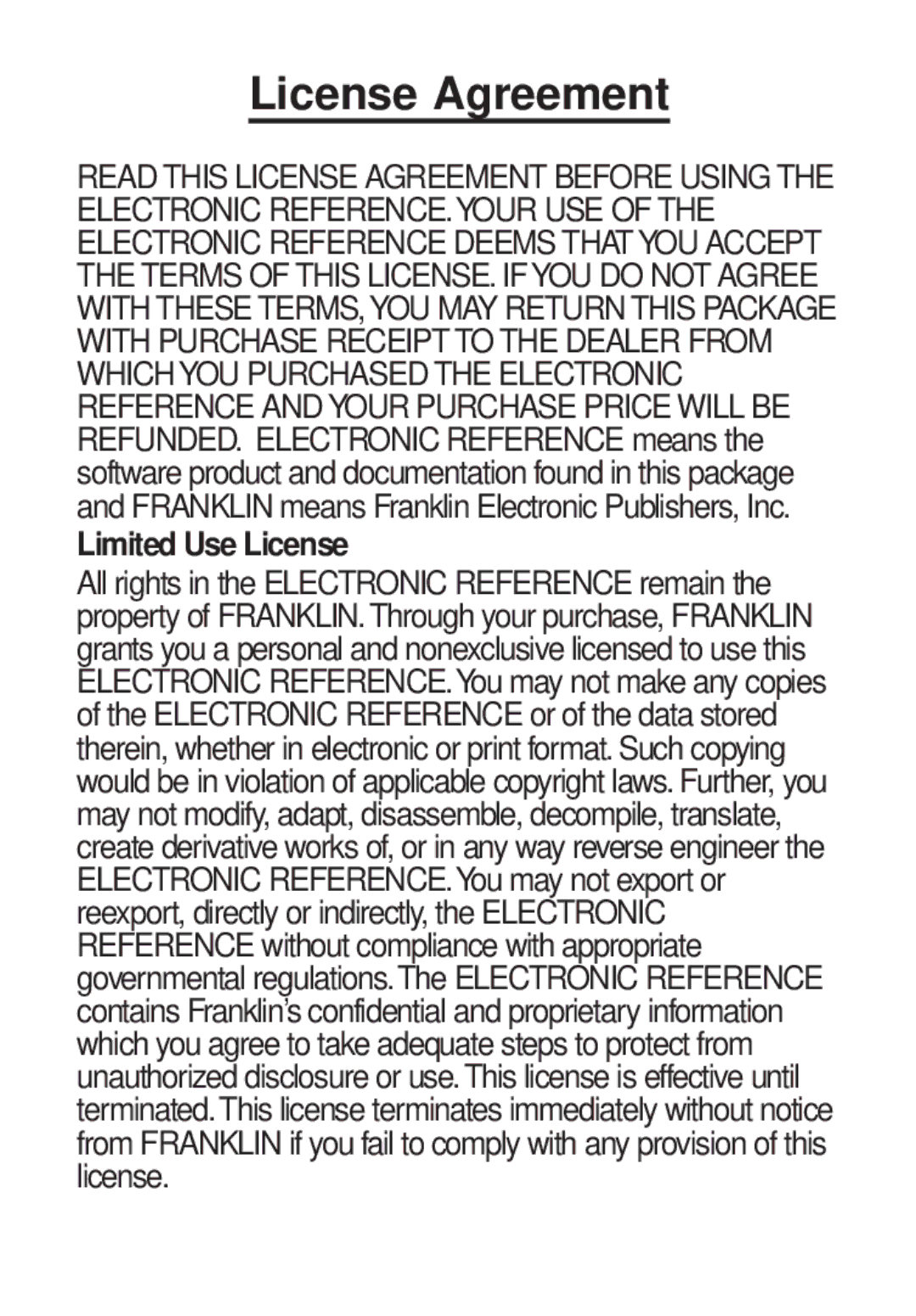 Franklin TG-450 manual License Agreement, Limited Use License 