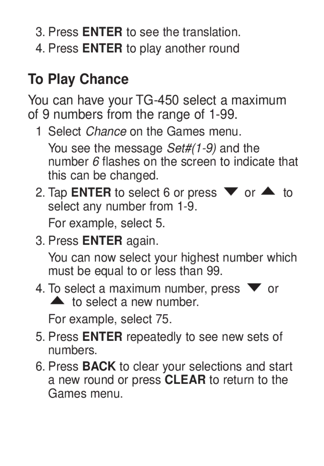 Franklin TG-450 manual To Play Chance 