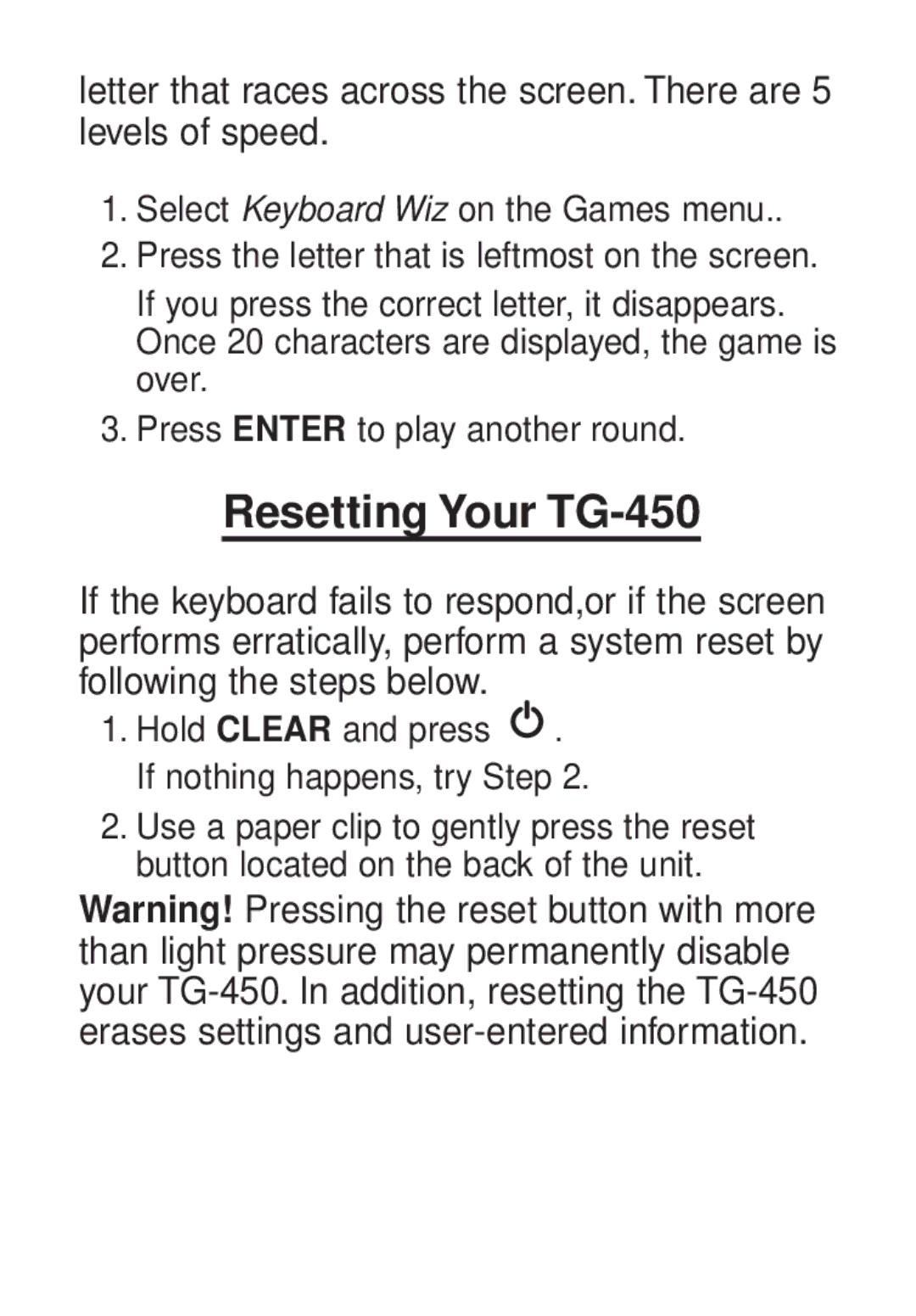 Franklin manual Resetting Your TG-450 