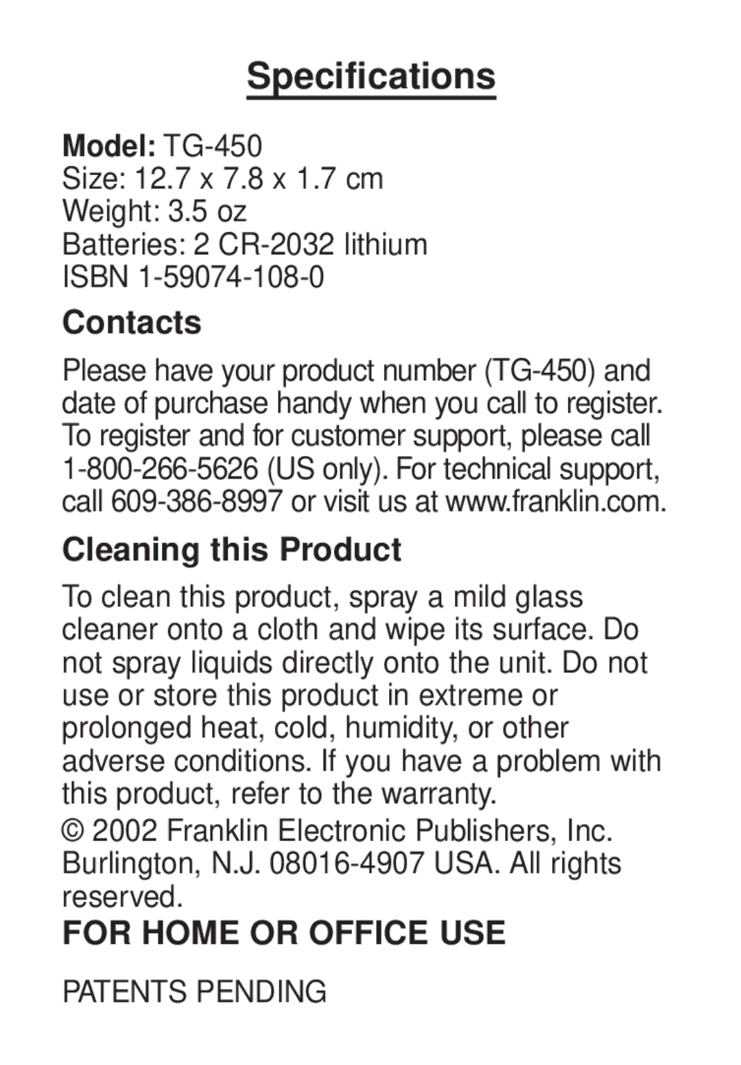 Franklin TG-450 manual Specifications, Contacts Cleaning this Product 