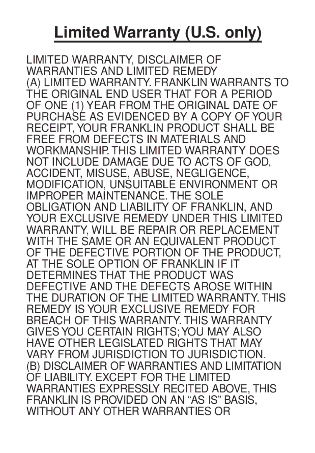 Franklin TG-450 manual Limited Warranty U.S. only, Limited WARRANTY, Disclaimer Warranties and Limited Remedy 