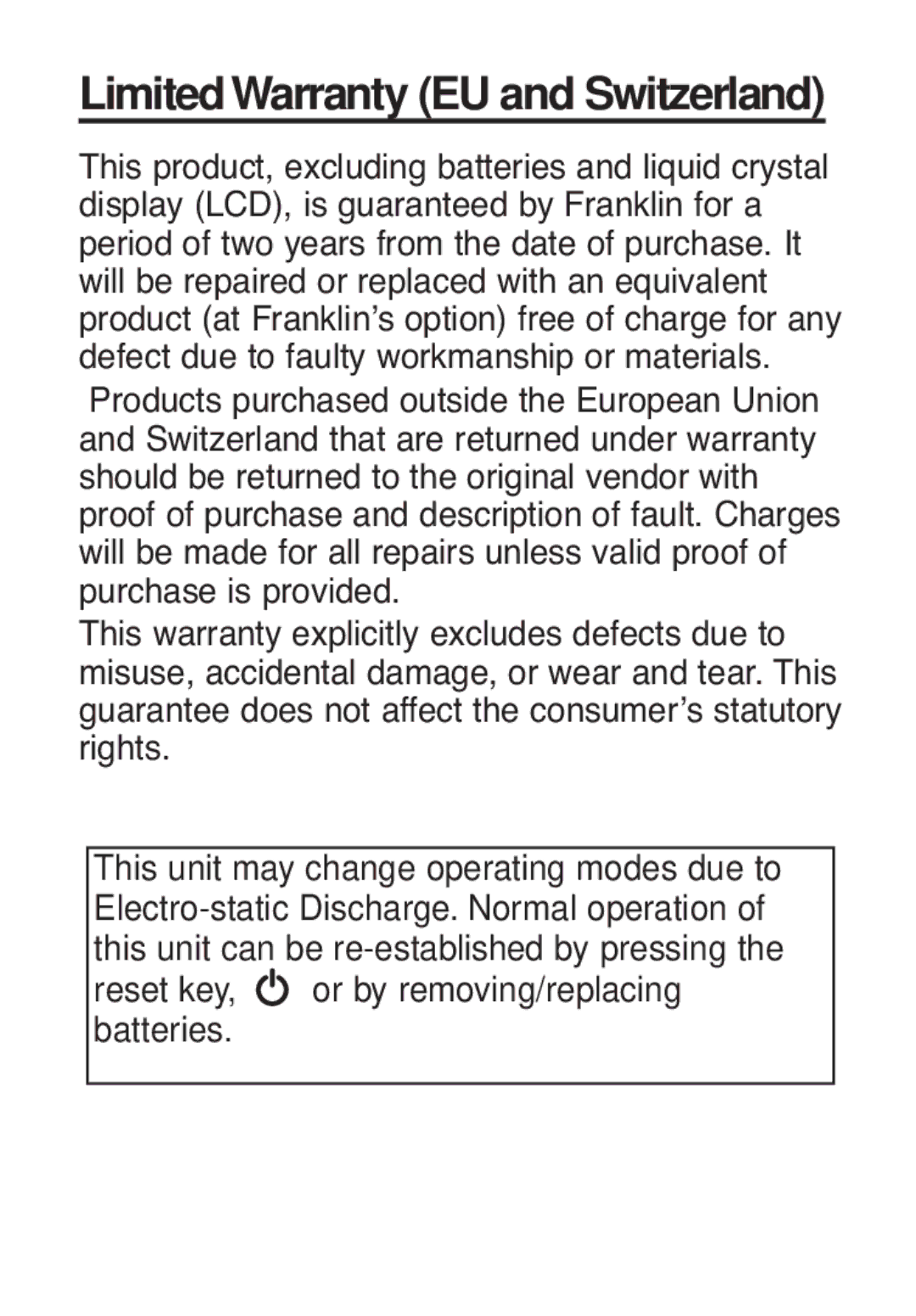 Franklin TG-450 manual Limited Warranty EU and Switzerland 