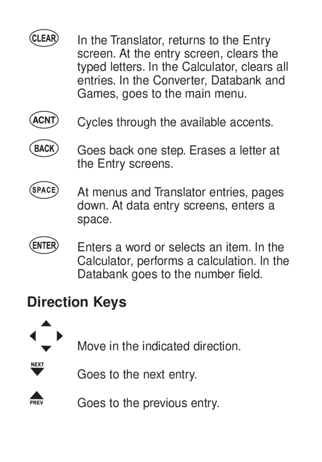 Franklin TG-450 manual Direction Keys 