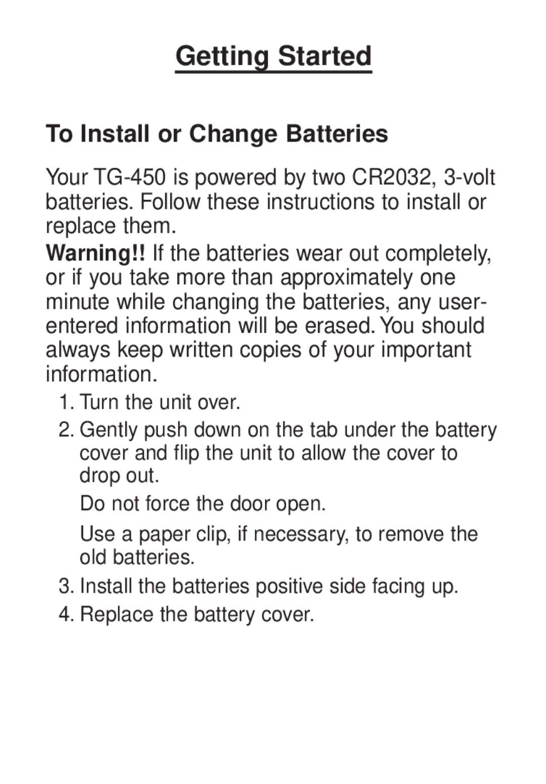 Franklin TG-450 manual Getting Started, To Install or Change Batteries 