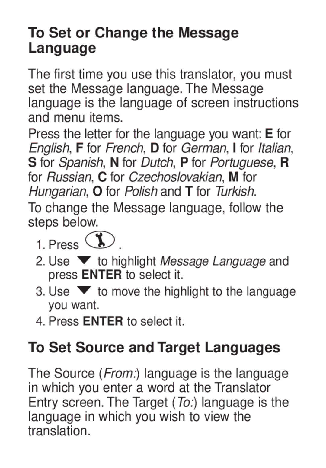 Franklin TG-450 manual To Set or Change the Message Language, To Set Source and Target Languages 