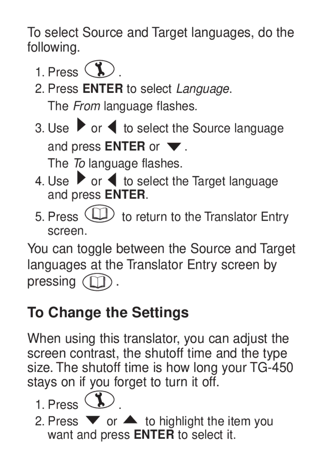 Franklin TG-450 manual To Change the Settings, To select Source and Target languages, do the following 