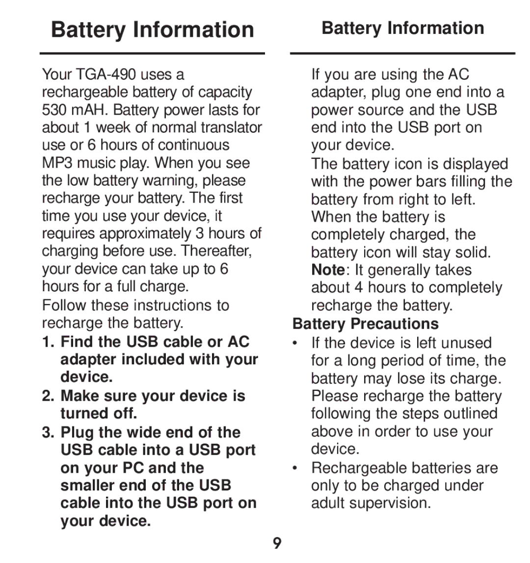 Franklin TGA-490 manual Battery Information, Battery Precautions 