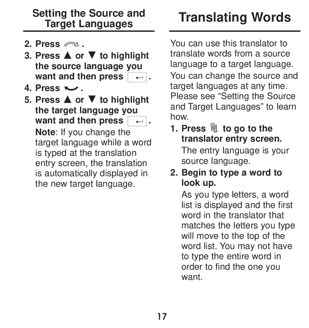 Franklin TGA-490 manual Translating Words, Setting the Source Target Languages, Press to go to the translator entry screen 