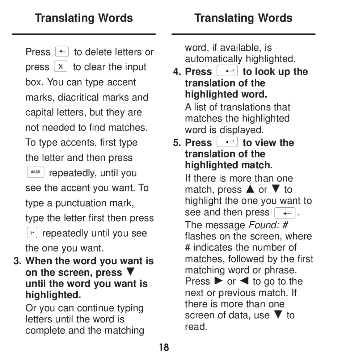 Franklin TGA-490 manual Translating Words, Press to look up the translation of the highlighted word 