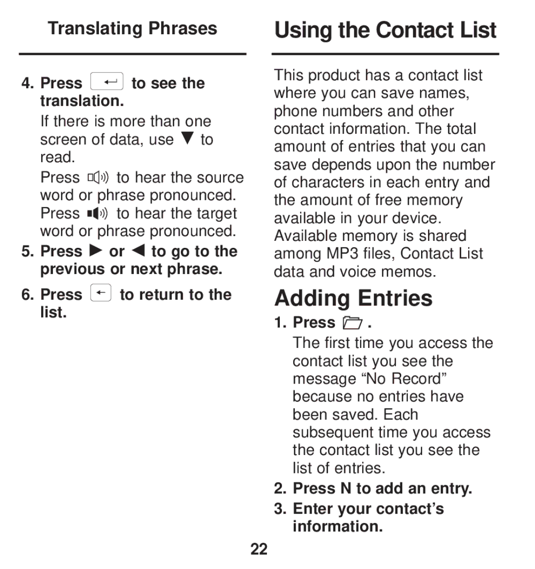 Franklin TGA-490 manual Adding Entries, Translating Phrases, Press to see the translation 