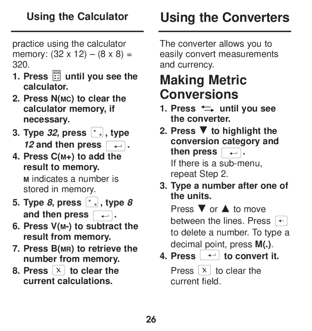 Franklin TGA-490 manual Using the Converters, Making Metric Conversions, Using the Calculator, Press to convert it 