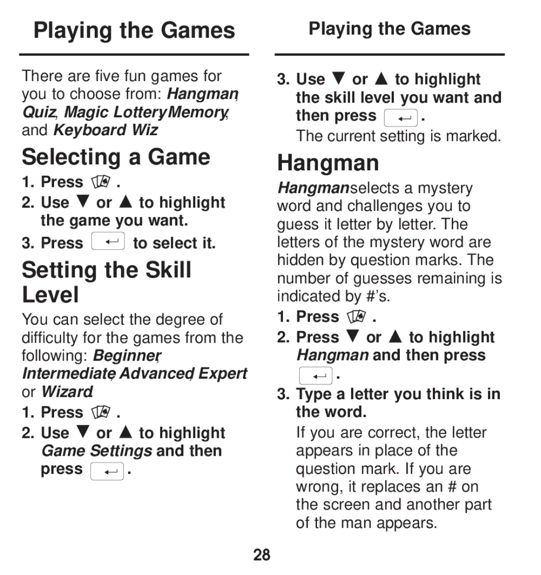 Franklin TGA-490 manual Playing the Games, Selecting a Game, Setting the Skill Level, Hangman 