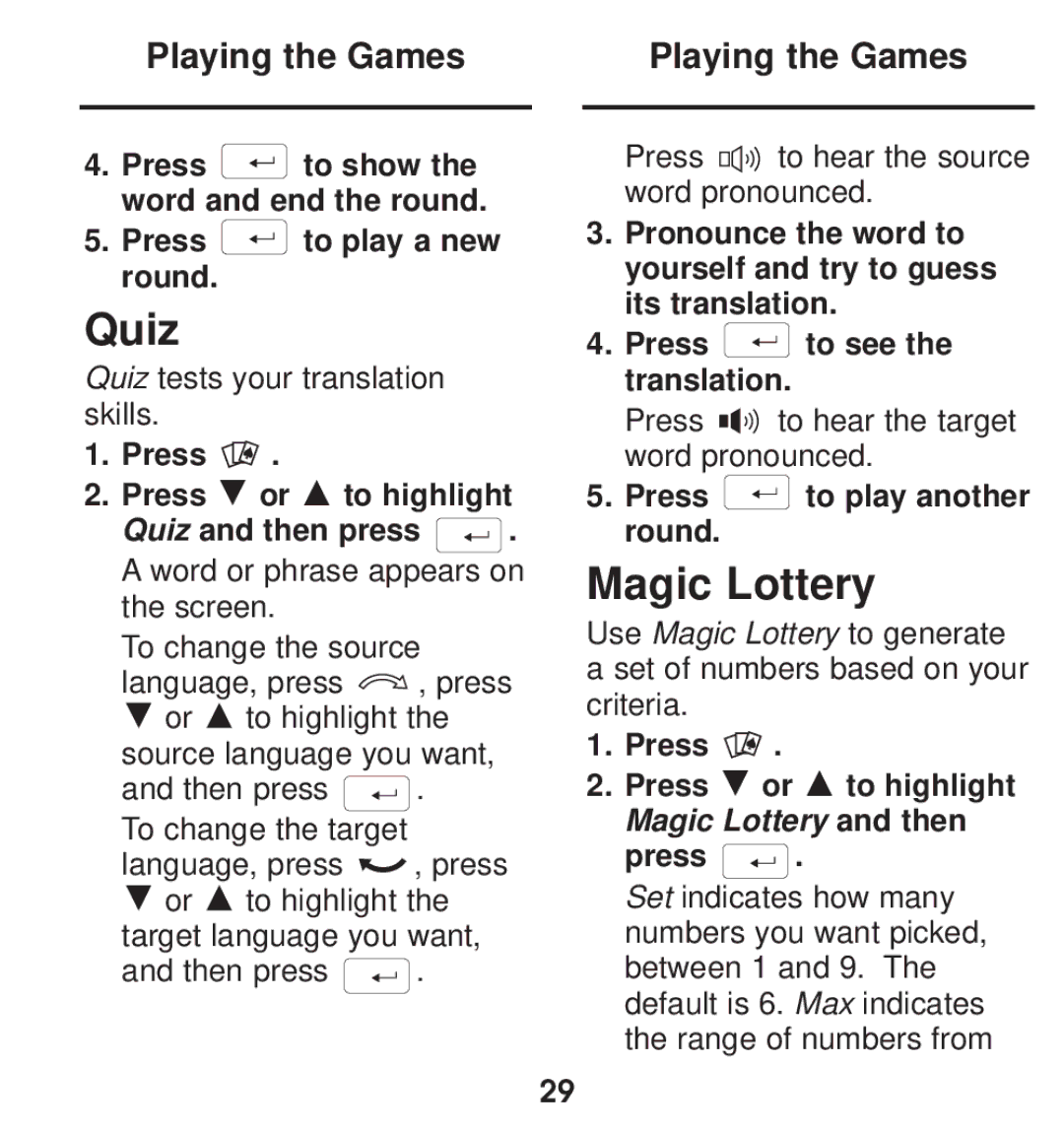 Franklin TGA-490 manual Quiz, Magic Lottery, Press to play a new round, Press to play another round 