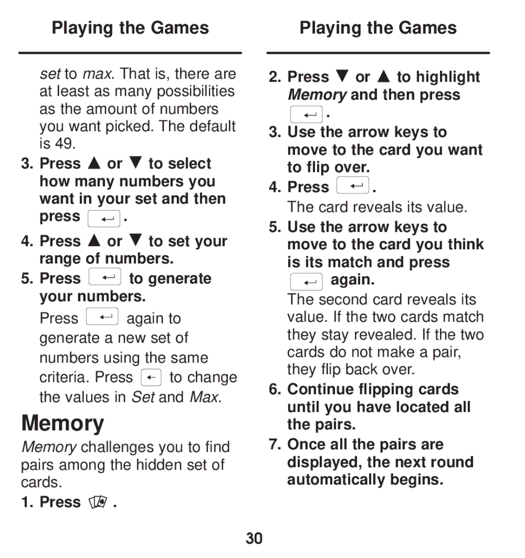 Franklin TGA-490 manual Memory, Playing the Games 