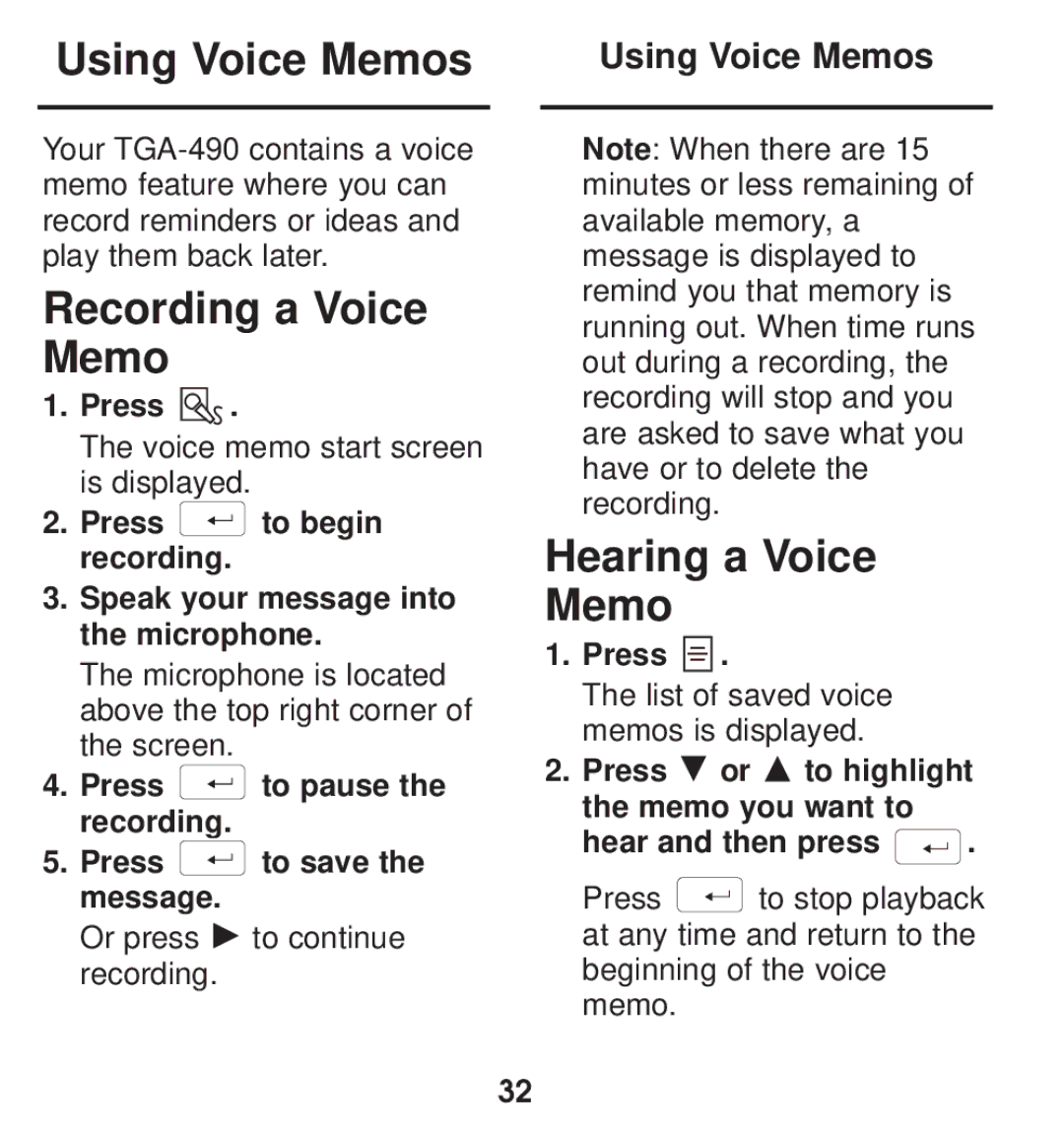 Franklin TGA-490 manual Using Voice Memos, Recording a Voice Memo, Hearing a Voice Memo 