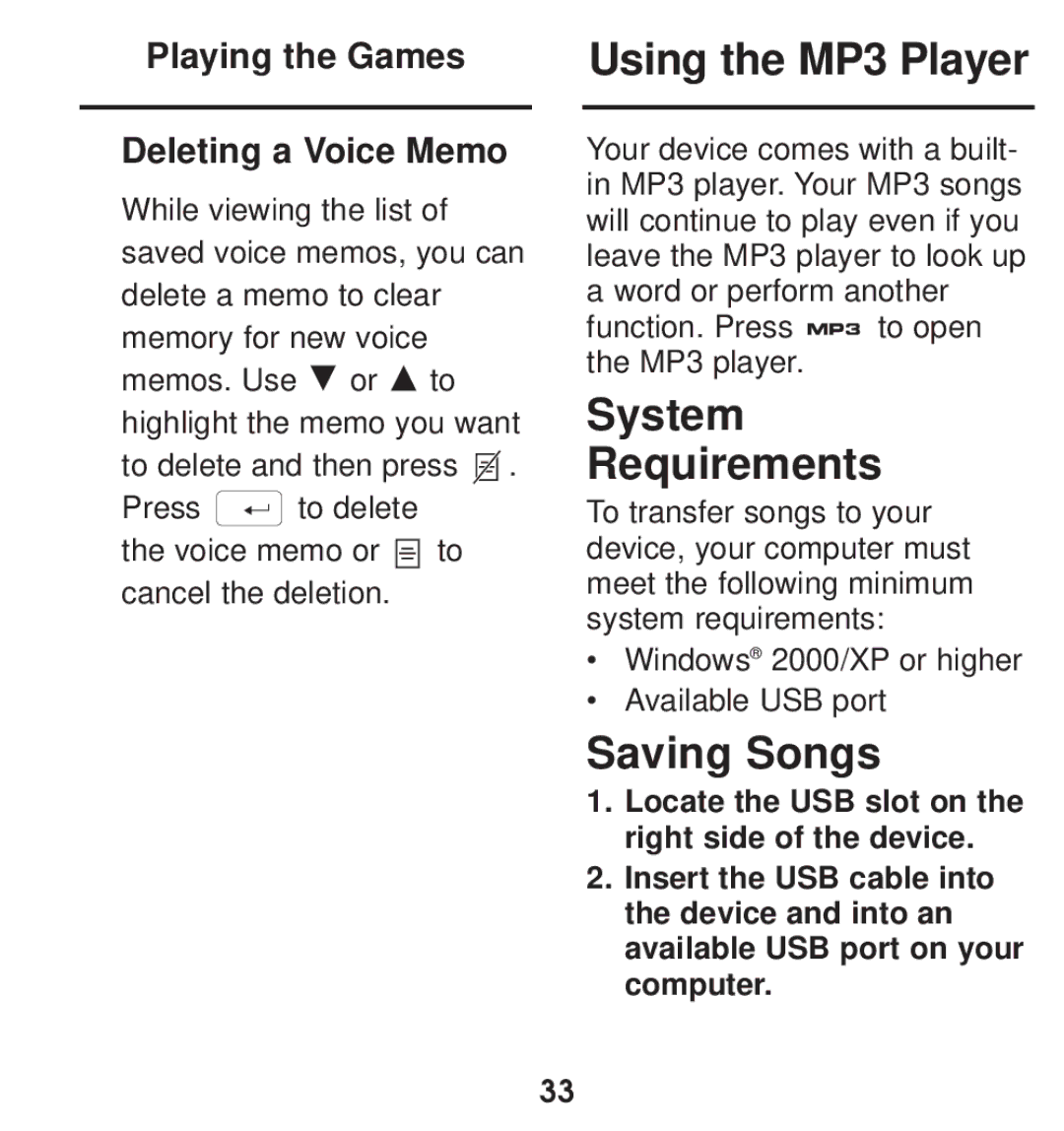 Franklin TGA-490 manual Using the MP3 Player, System Requirements, Saving Songs, Playing the Games Deleting a Voice Memo 