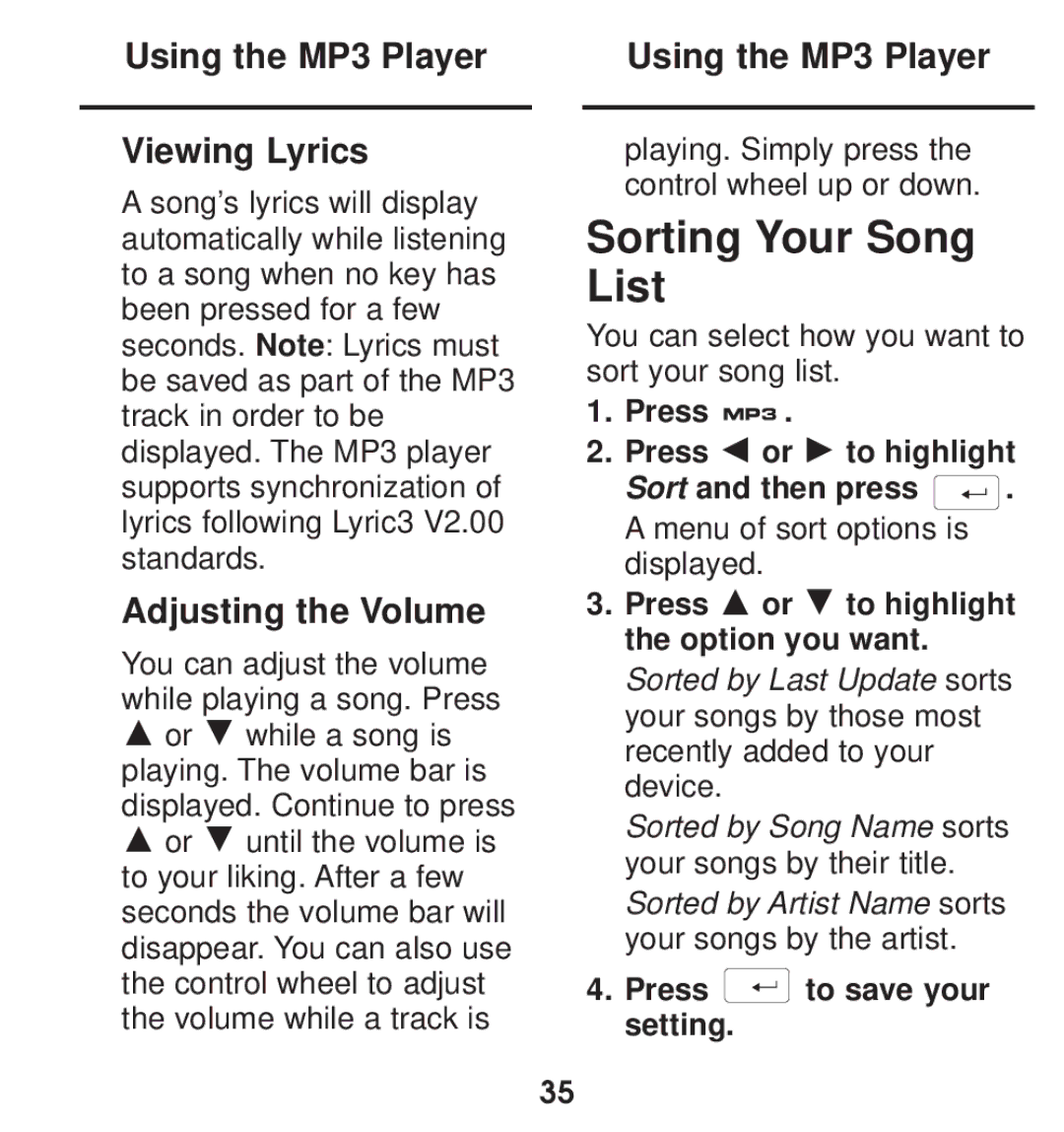 Franklin TGA-490 manual Sorting Your Song List, Using the MP3 Player Viewing Lyrics, Adjusting the Volume 