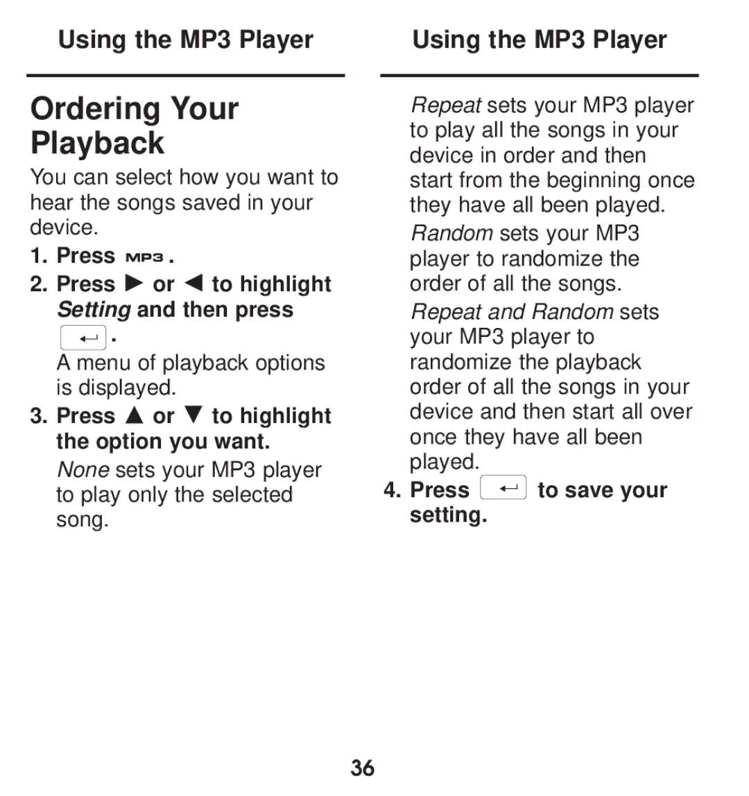 Franklin TGA-490 manual Ordering Your Playback, Press Press or to highlight Setting and then press 