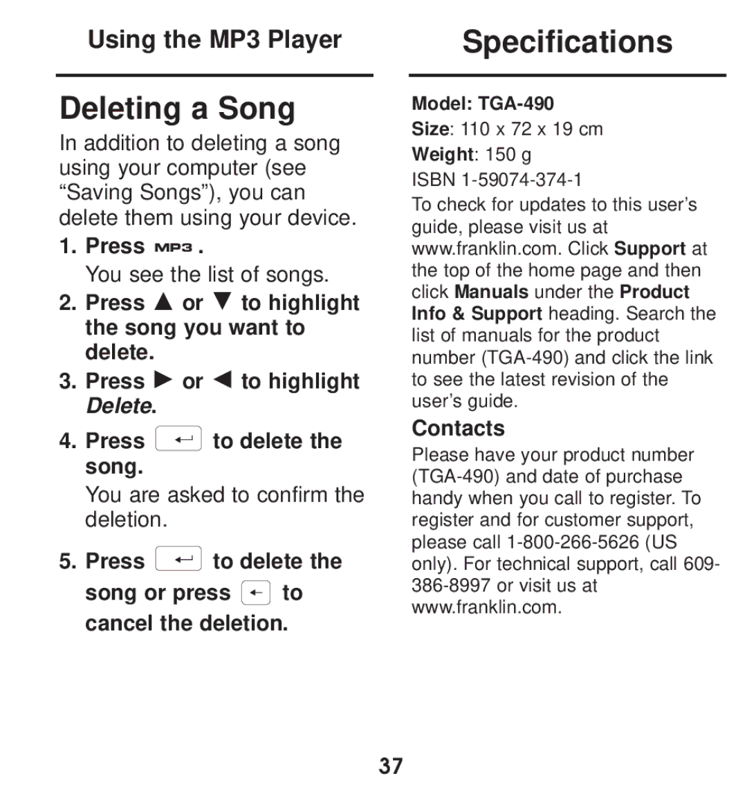 Franklin TGA-490 manual Deleting a Song, Specifications, Press to delete Song or press to cancel the deletion, Contacts 