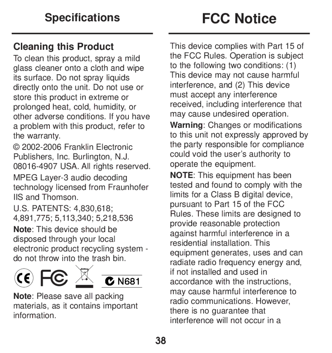 Franklin TGA-490 manual FCC Notice, Specifications, Cleaning this Product 