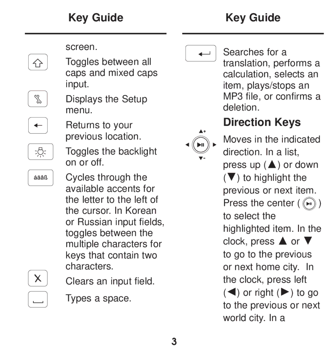 Franklin TGA-490 manual Direction Keys 