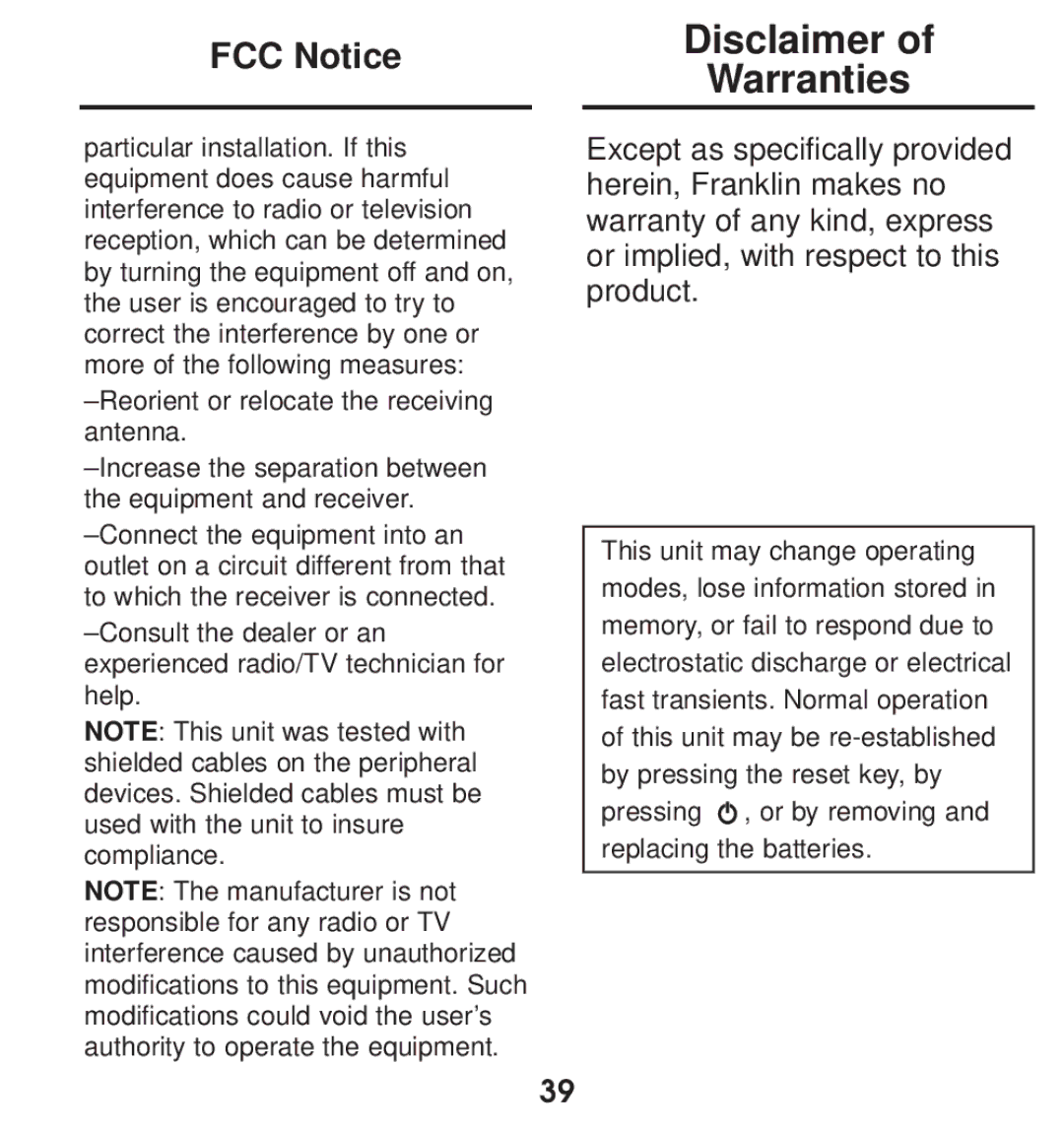 Franklin TGA-490 manual FCC Notice, Warranties 