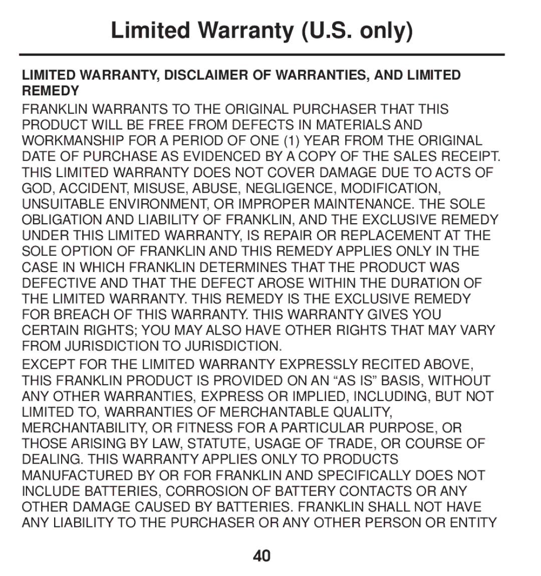 Franklin TGA-490 manual Limited Warranty U.S. only 