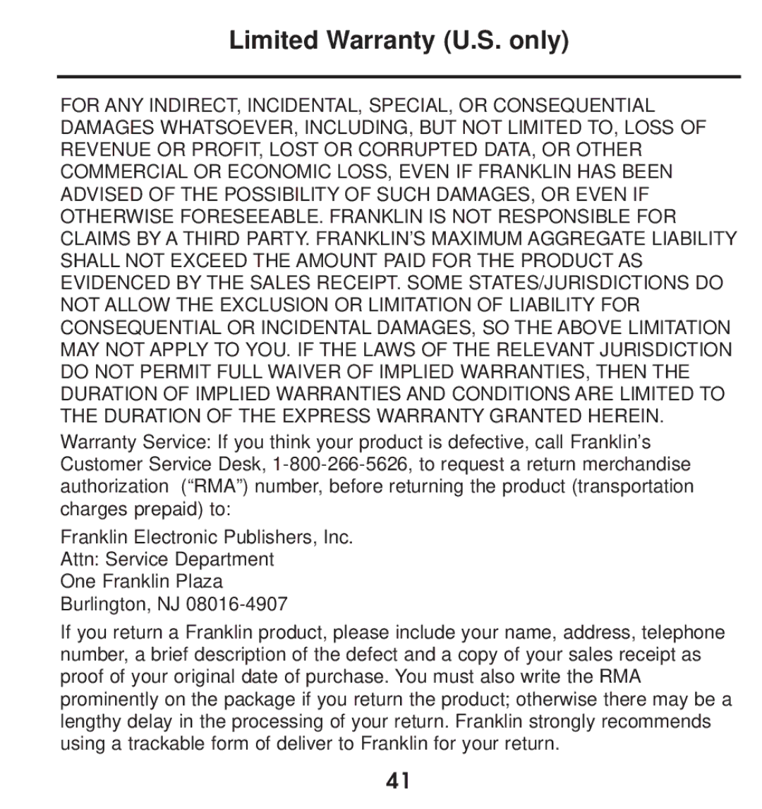 Franklin TGA-490 manual Limited Warranty U.S. only 